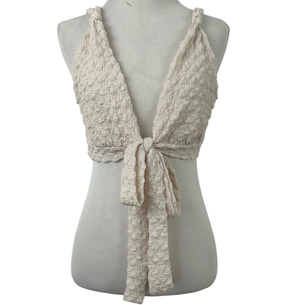 *3for$25💋 Women Sleeveless Textured Wrap Cropped Top Cream Boho Summer Fairy